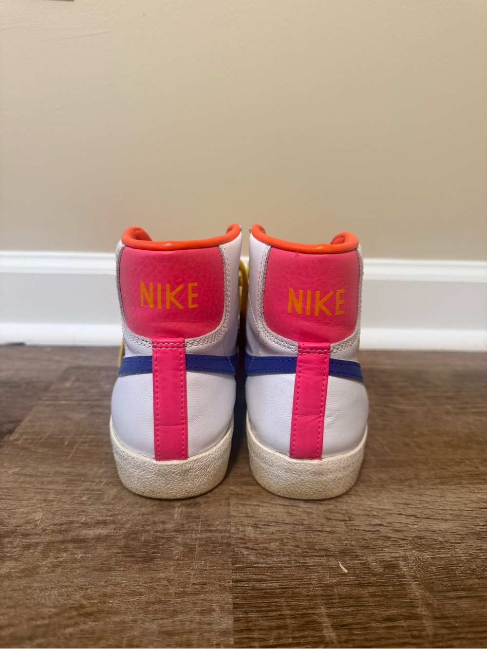 Women’s Nike Blazer Mid Sneaker - White with Blue Swoosh & Pink/Orange Accents - Picture 4 of 5